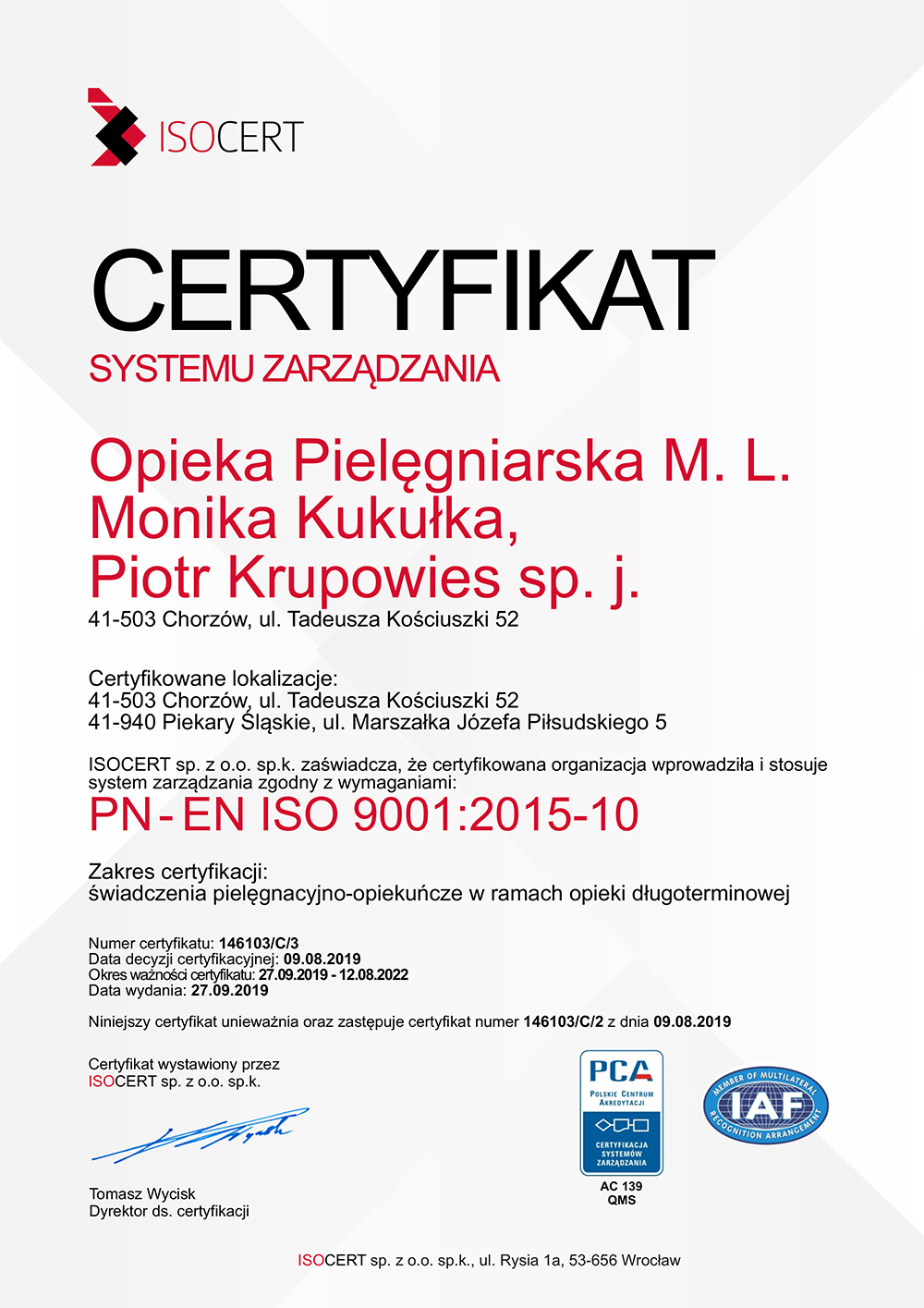 Certyfikat ISO 2019